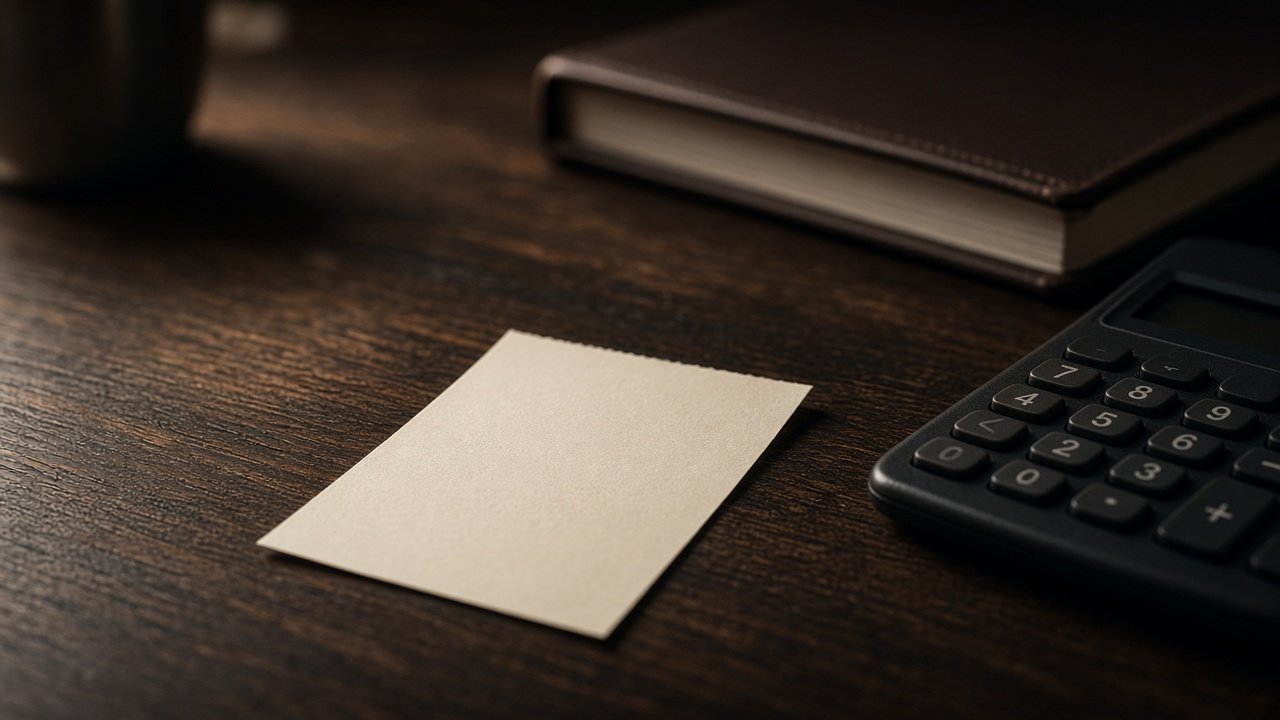 A desk with a receipt, calculator, and ledger