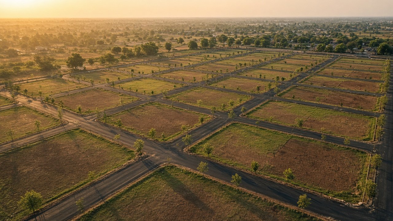 Aerial view of a plotted township